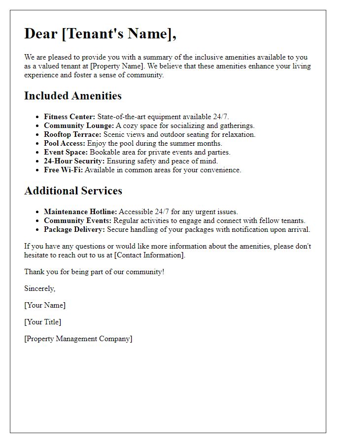 Letter template of inclusive tenant amenities summary