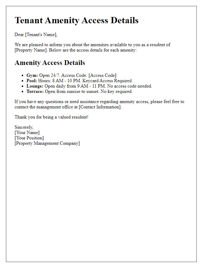 Letter template of tenant amenity access details