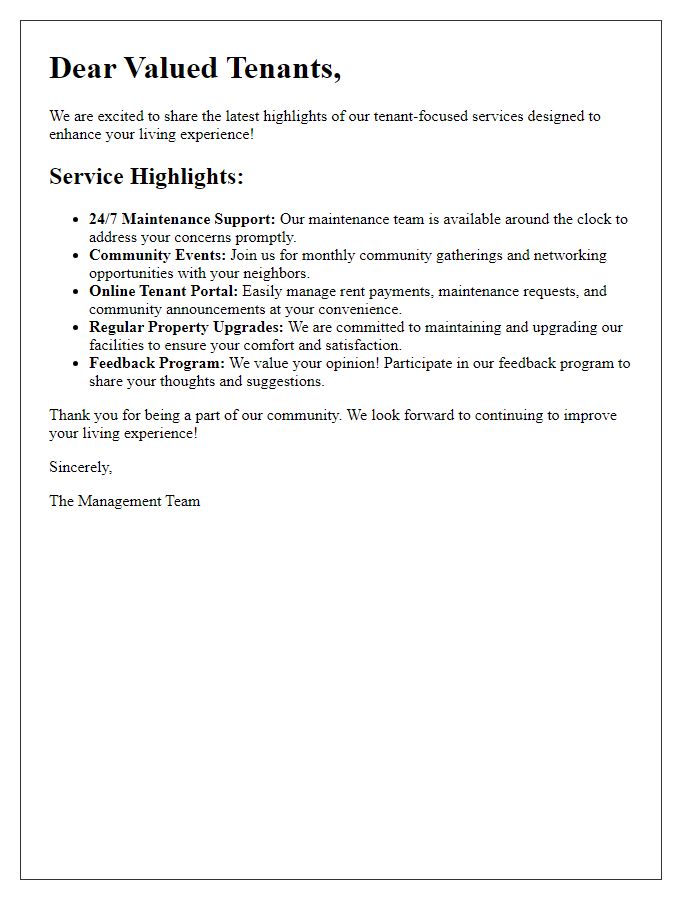 Letter template of tenant-focused service highlights
