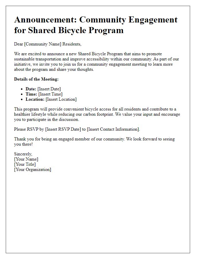 Letter template of community engagement announcement for shared bicycle program