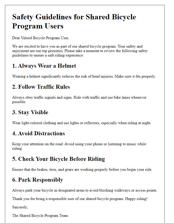 Letter template of safety guidelines for shared bicycle program users