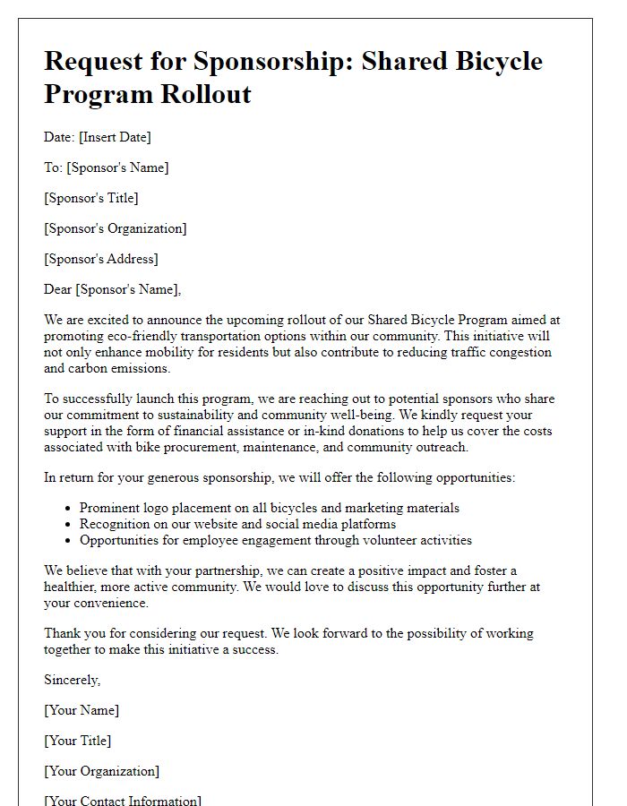 Letter template of sponsorship request for shared bicycle program rollout