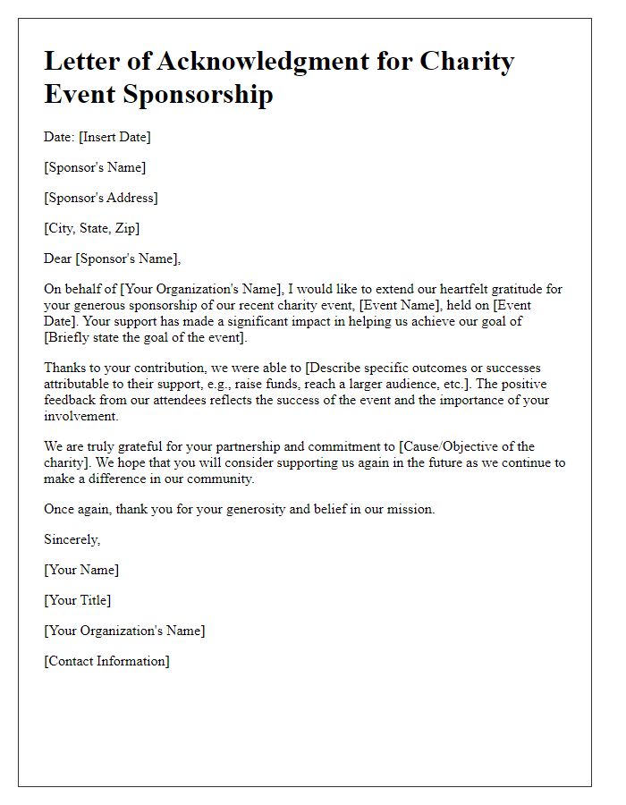 Letter template of acknowledgment for charity event sponsorship support and gratitude