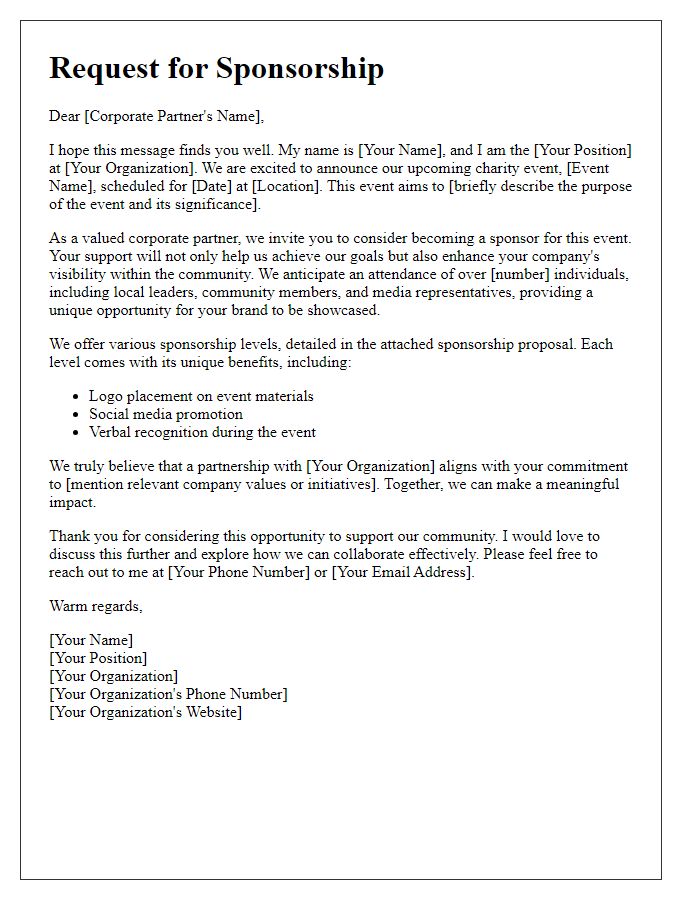 Letter template of appeal for charity event sponsorship from corporate partners