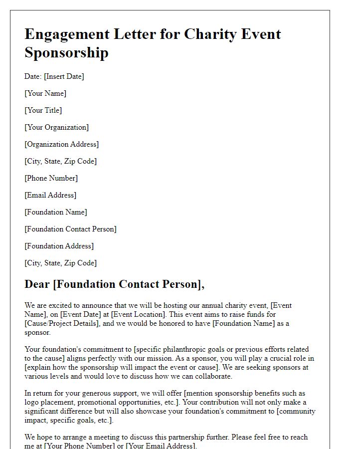 Letter template of engagement for charity event sponsorship from philanthropic foundations