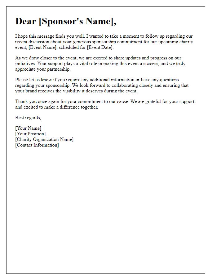 Letter template of follow-up for charity event sponsorship commitments