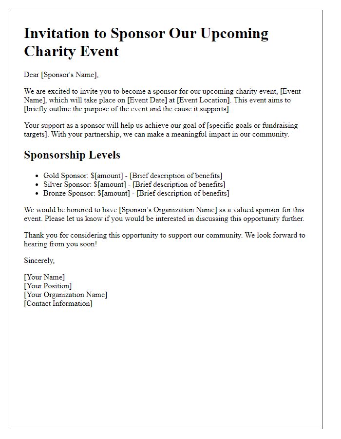 Letter template of invitation for charity event sponsorship for community organizations