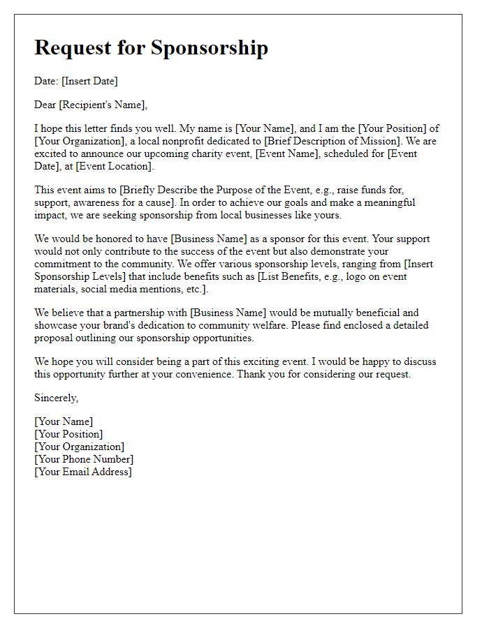 Letter template of request for charity event sponsorship for local businesses