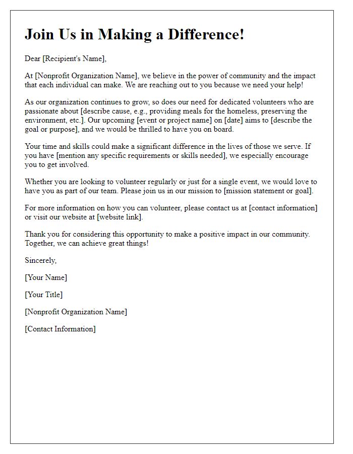 Letter template of nonprofit organization volunteer plea