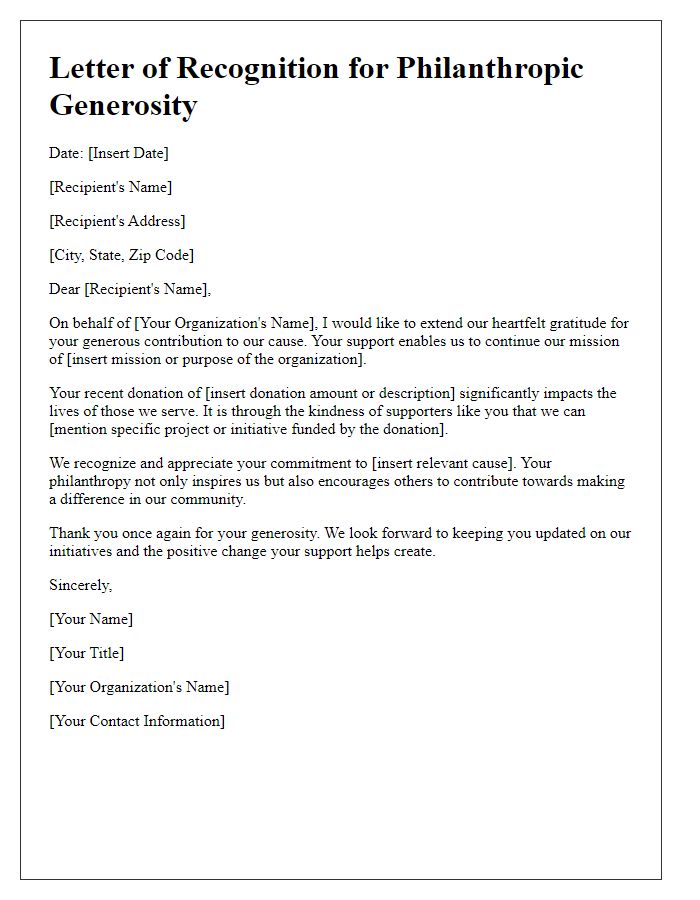 Letter template of recognition for philanthropic generosity