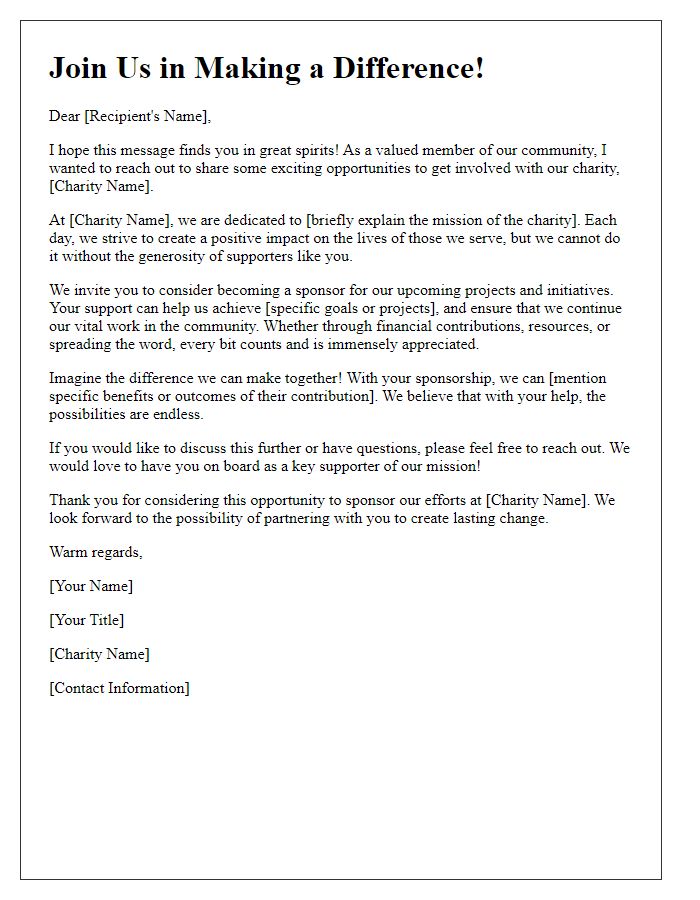 Letter template of encouragement for individuals to sponsor our charity work