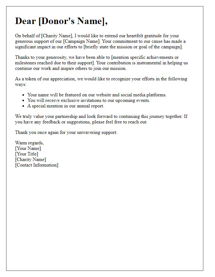 Letter template of recognition for major donors to our charity campaign