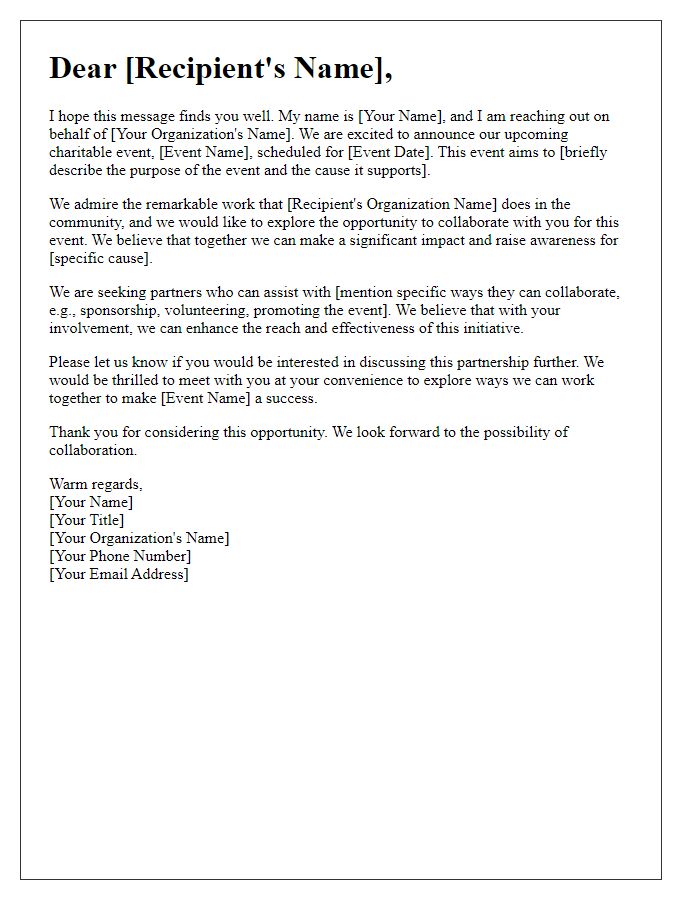 Letter template of outreach for charitable event collaboration