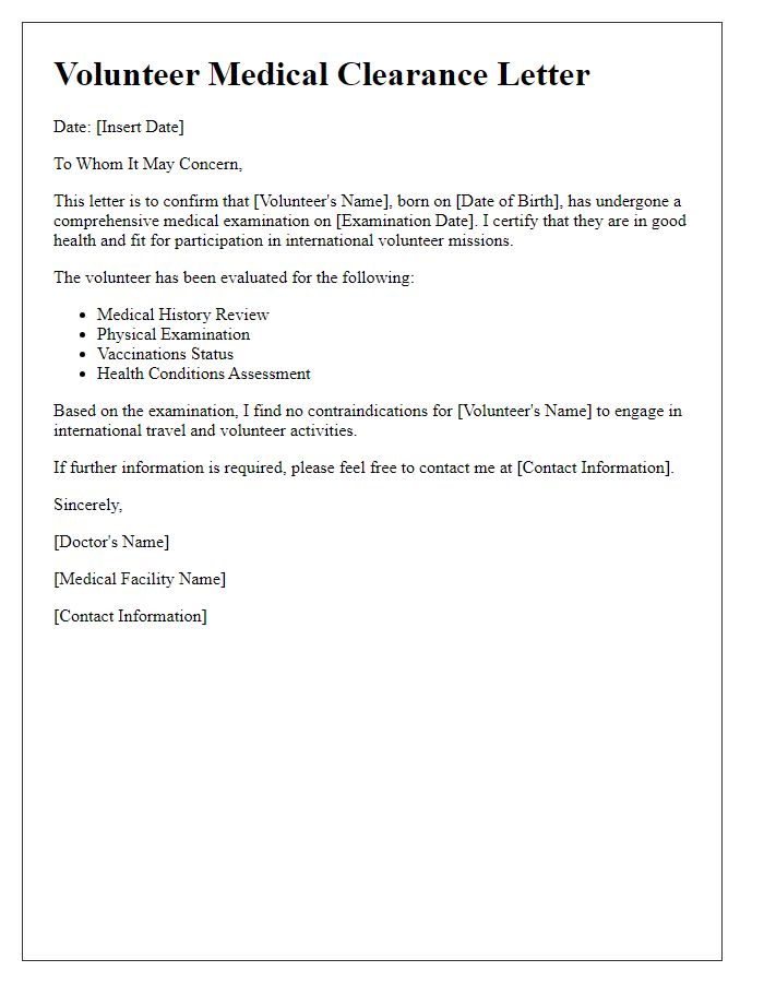 Letter template of volunteer medical clearance for international missions.