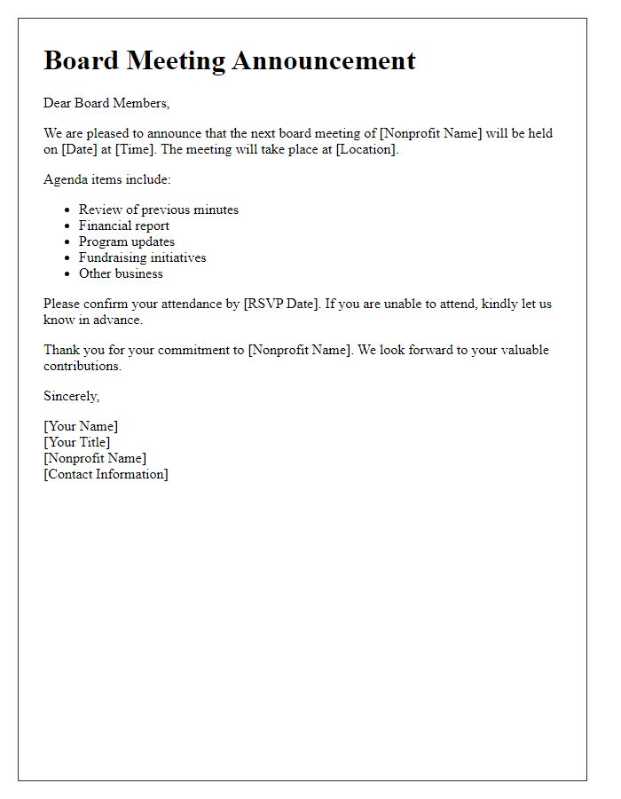 Letter template of nonprofit board meeting announcement