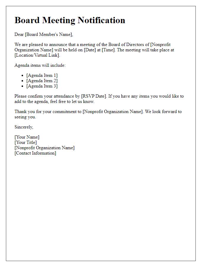 Letter template of notification for nonprofit board meeting