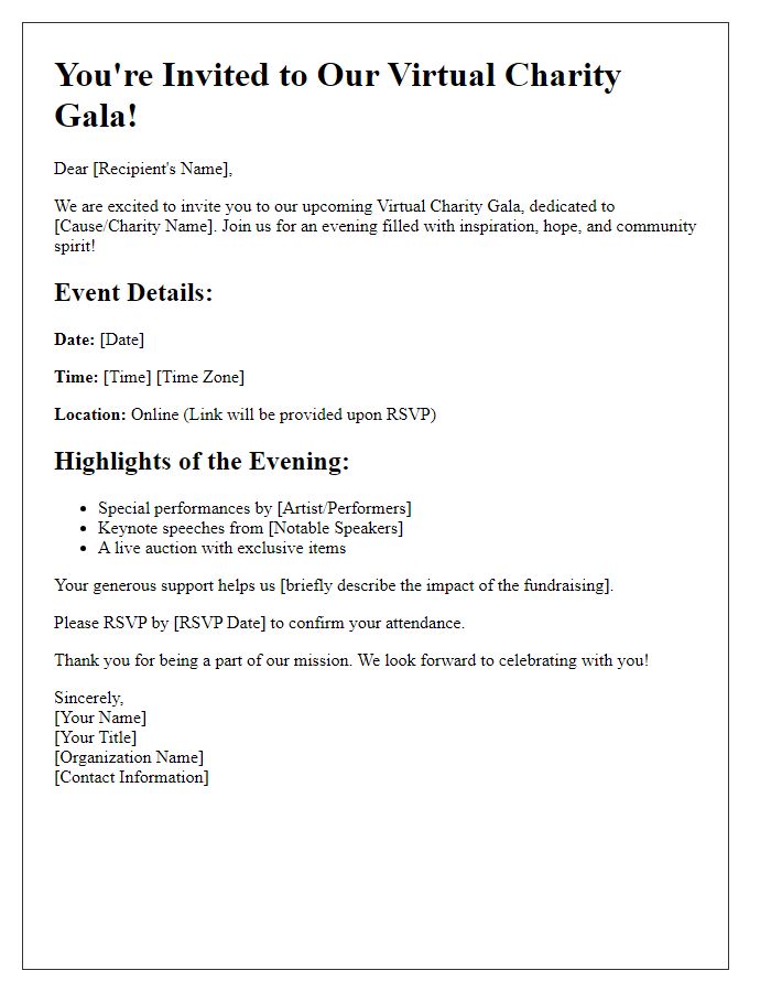 Letter template of digital invitation for virtual charity gala