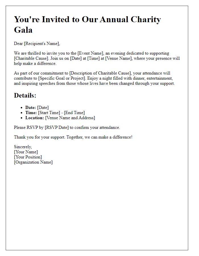 Letter template of gala invitation highlighting charitable cause