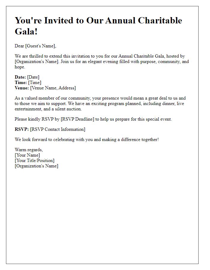 Letter template of RSVP invitation for charitable gala