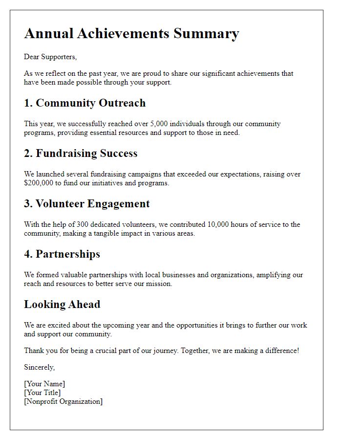 Letter template of nonprofit annual achievements summary