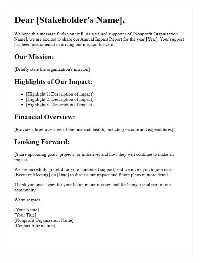 Letter template of nonprofit impact report for stakeholders