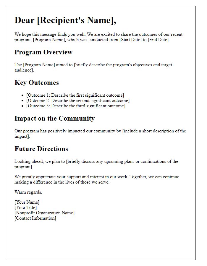 Letter template of nonprofit program outcomes communication