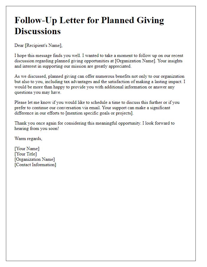 Letter template of follow-up for planned giving discussions