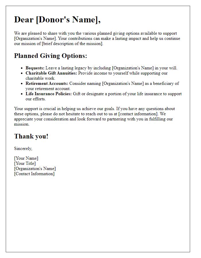 Letter template of information on planned giving options