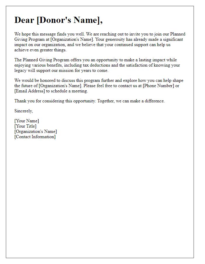 Letter template of invitation to join the planned giving program