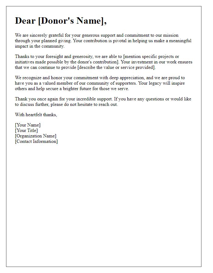 Letter template of recognition for planned giving supporters