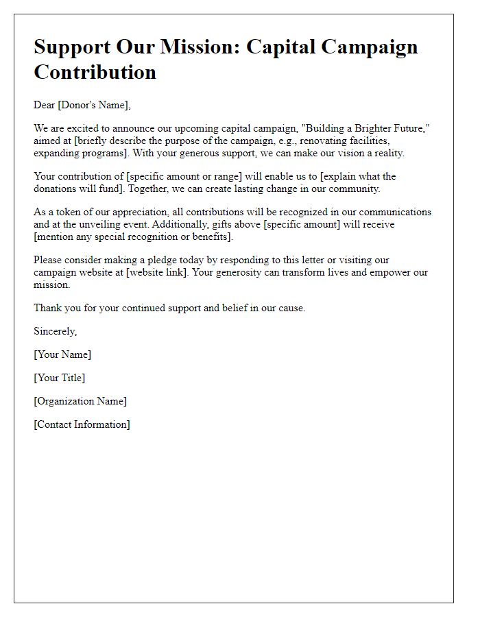 Letter template of capital campaign contribution