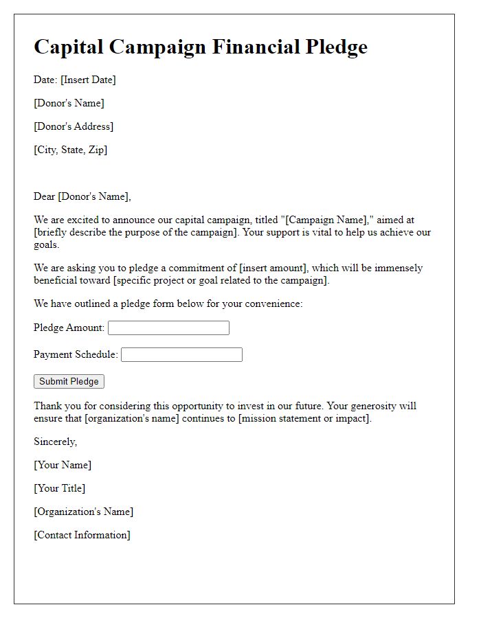 Letter template of capital campaign financial pledge