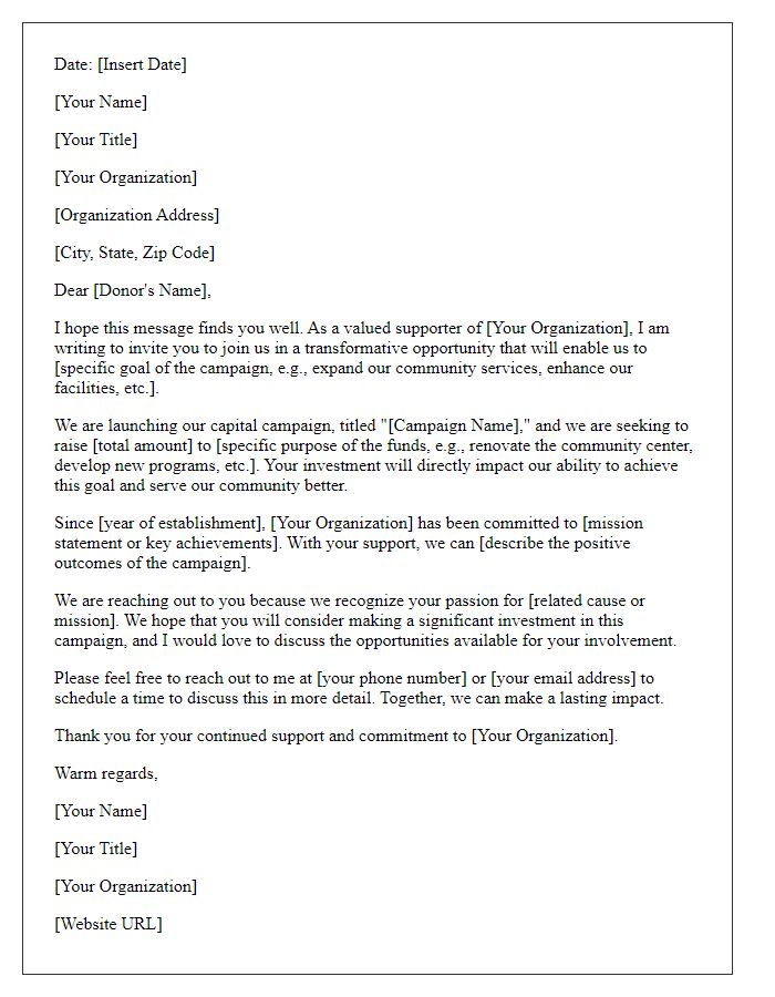 Letter template of capital campaign investment