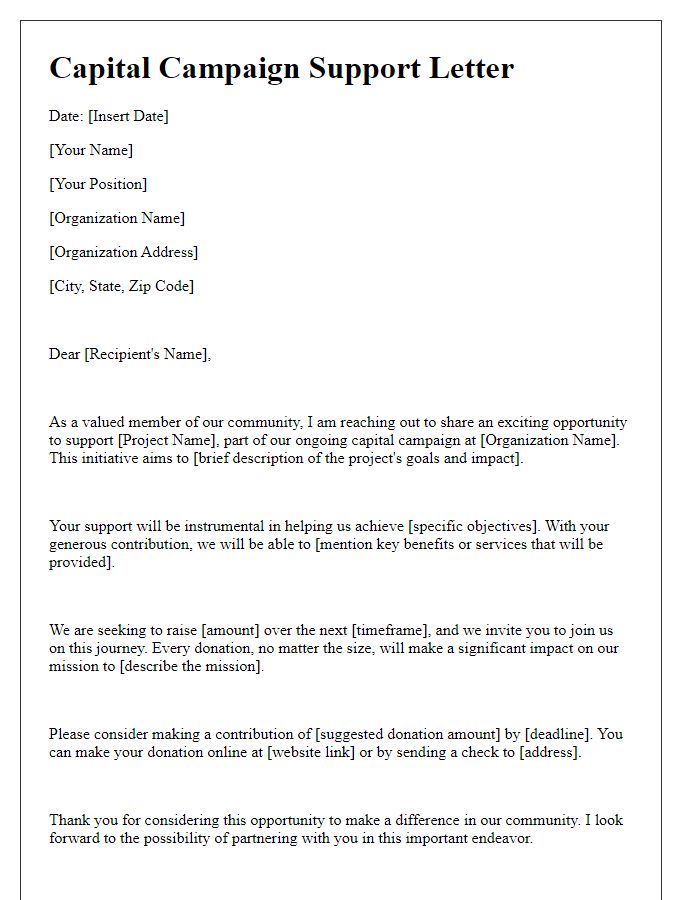 Letter template of capital campaign support