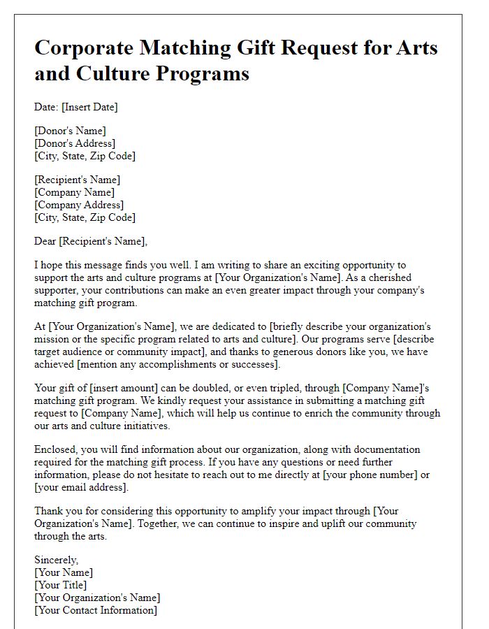 Letter template of corporate matching gift request for arts and culture programs.