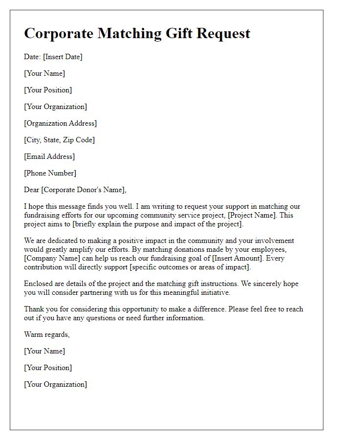 Letter template of corporate matching gift request for community service projects.