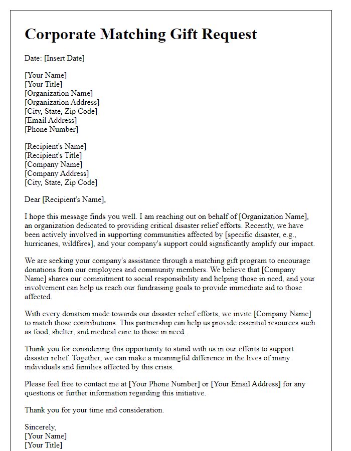 Letter template of corporate matching gift request for disaster relief efforts.