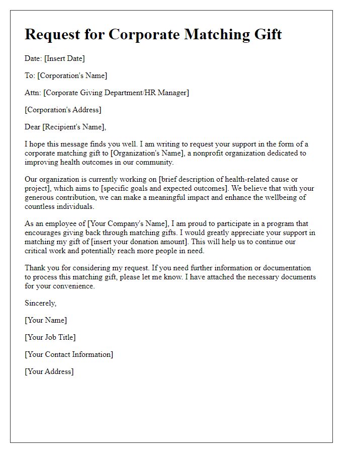 Letter template of corporate matching gift request for health-related causes.