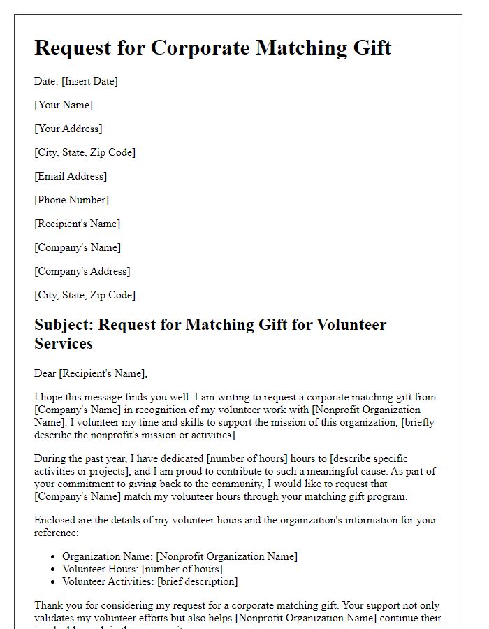 Letter template of corporate matching gift request for volunteer time contributions.