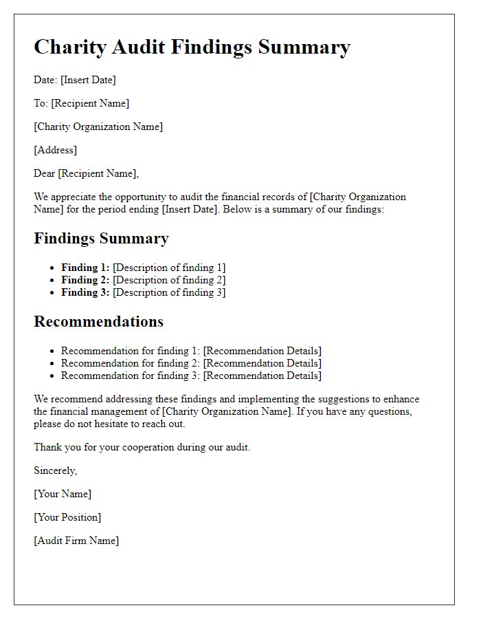 Letter template of charity audit findings summary