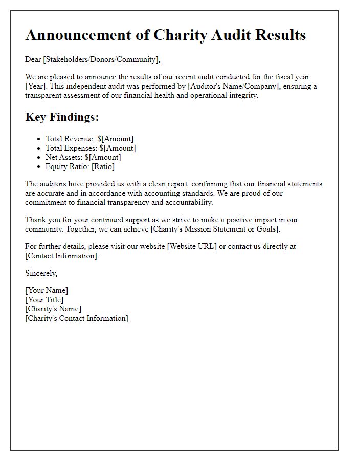 Letter template of charity audit results announcement