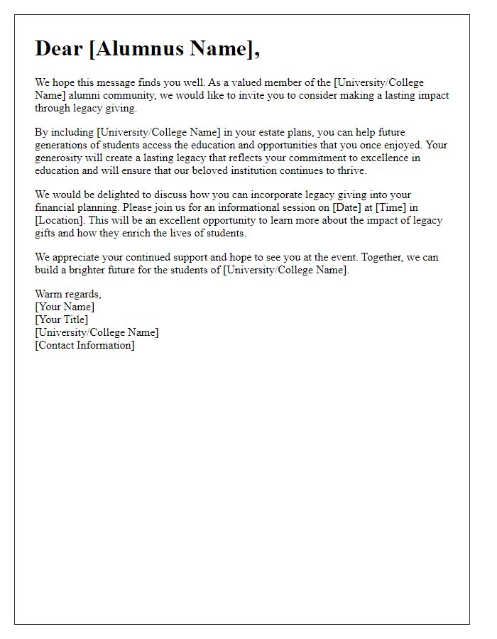 Letter template of legacy giving invitation for alumni engagement.