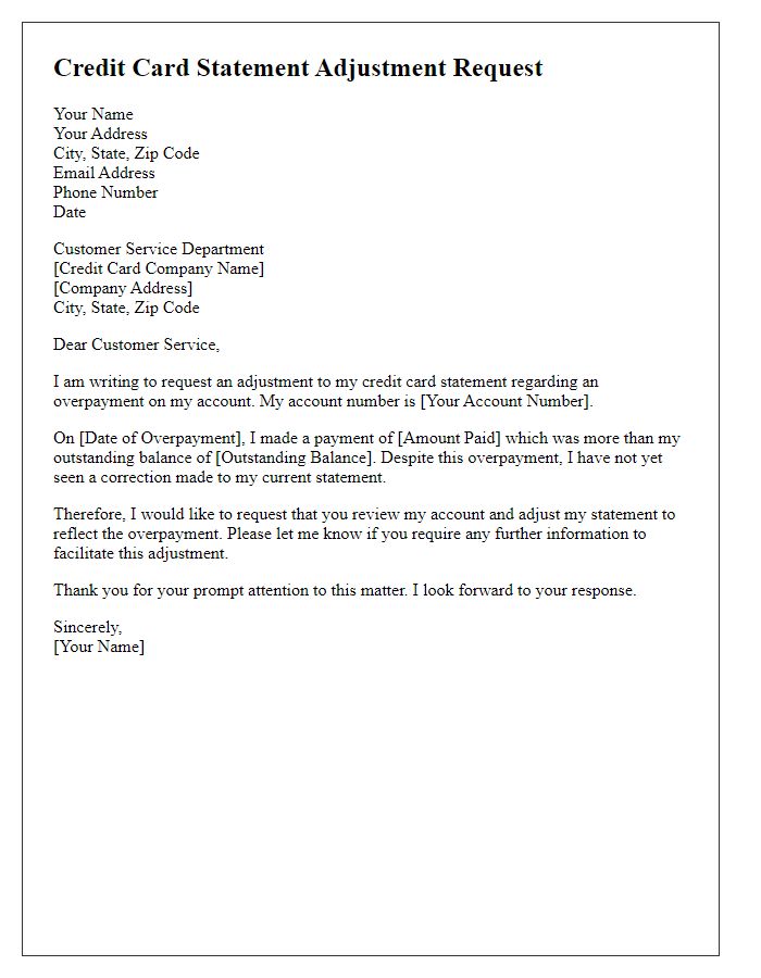 Letter template of credit card statement adjustment request for overpayments