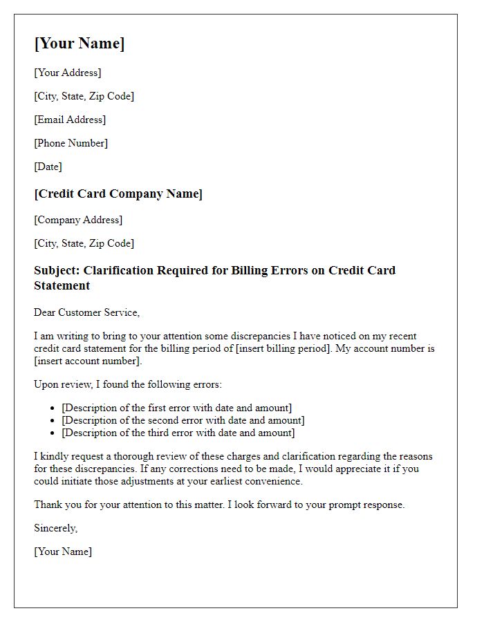 Letter template of credit card statement clarification for billing errors