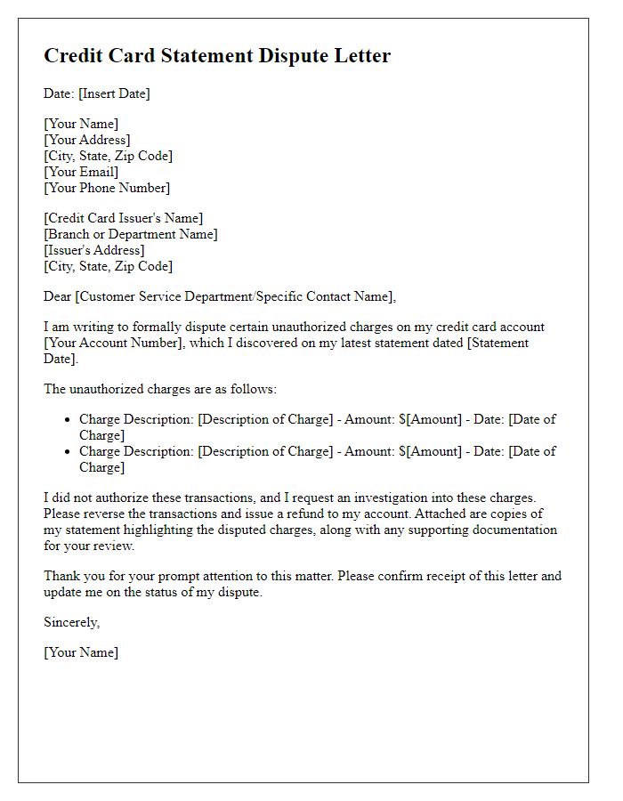 Letter template of credit card statement dispute for unauthorized charges