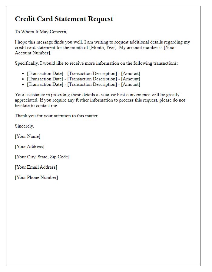 Letter template of credit card statement request for additional details