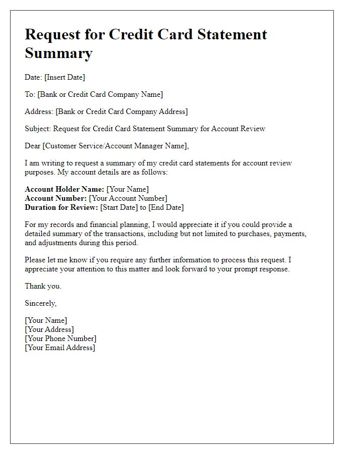 Letter template of credit card statement summary request for account review