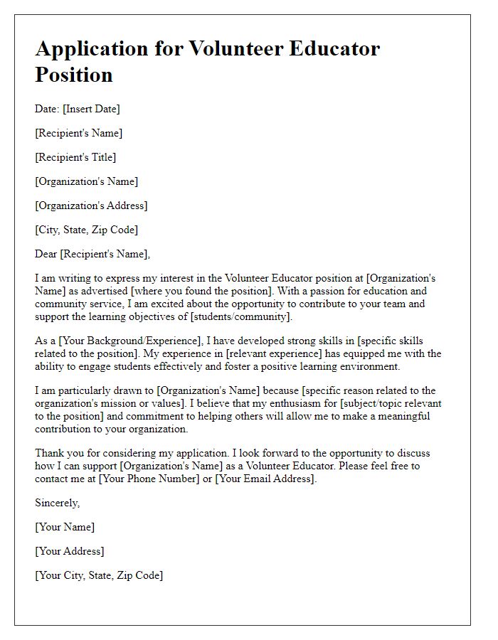 Letter template of application for volunteer educator positions