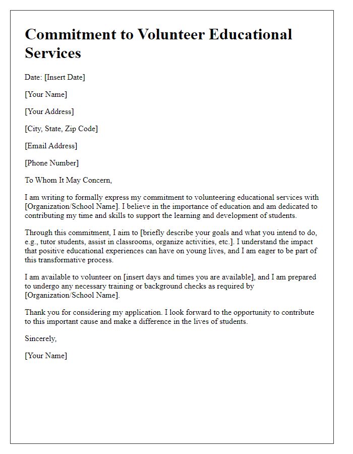 Letter template of commitment to volunteer educational services