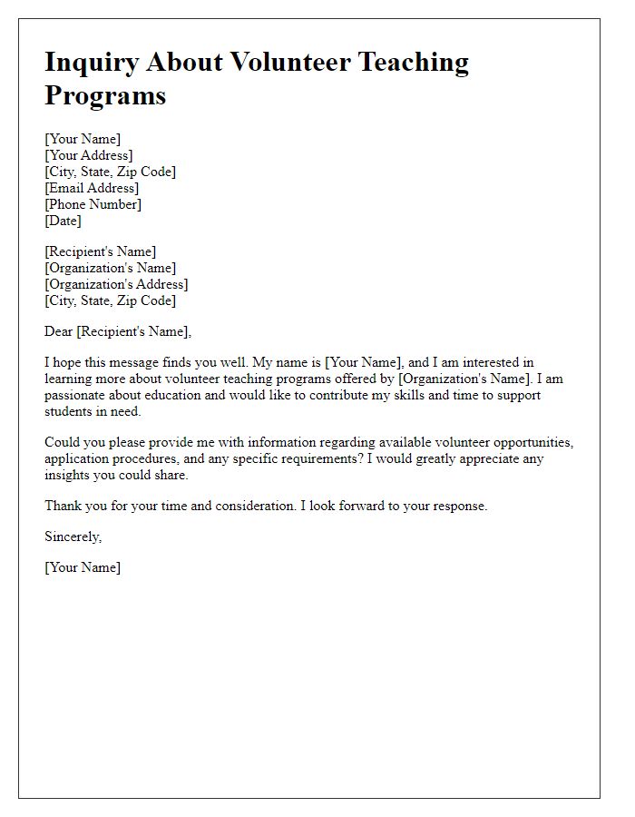 Letter template of inquiry about volunteer teaching programs